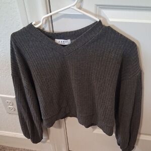 Gray Ribbed V-Neck Sweater